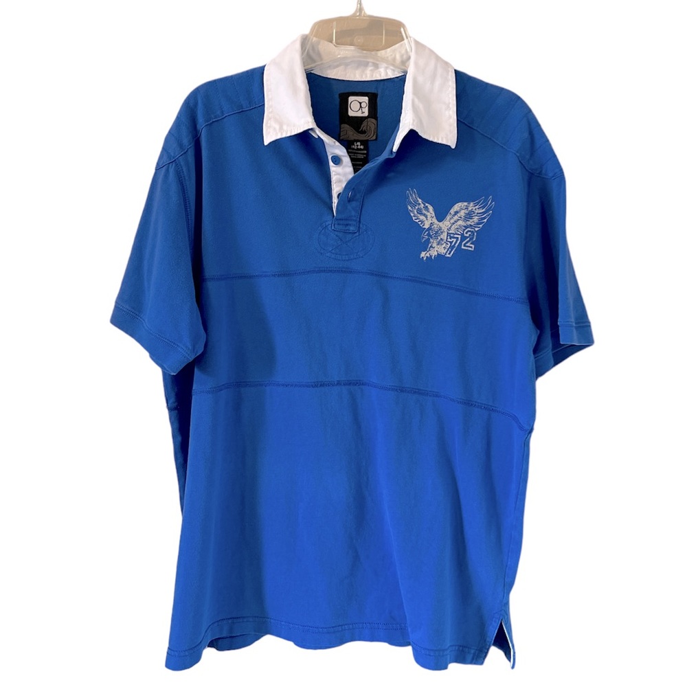 Op Men’s polo blue front logo 100% cotton white collar size Large (42-44)